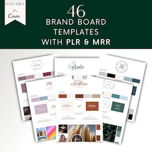 Plantilla de tablero de marca PLR MRR, kit de marca para pequeñas empresas, logotipo, paleta de colores DIY, fuentes, tablero de visión, plantilla de Canva editable para revender