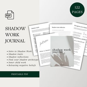 Puede incluir: Un diario imprimible en PDF de 122 páginas para el trabajo de la sombra. La portada presenta un diseño minimalista con la sombra de una planta y el texto "shadow work journal". El diario incluye secciones sobre rasgos de sombra, reflexiones, encontrar tu arquetipo de sombra, trabajo del niño interior y liberar creencias negativas.