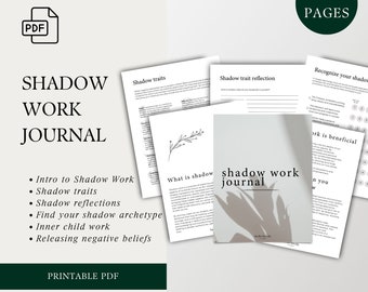 May include: A printable PDF journal with 122 pages for shadow work. The cover features a minimalist design with a shadow of a plant and the text "shadow work journal". The journal includes sections on shadow traits, reflections, finding your shadow archetype, inner child work, and releasing negative beliefs.