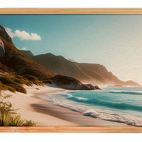 Sandy Beach Oil Painting, Waves Of Water Splashing, Countryside Beach Wall Art Digital Download