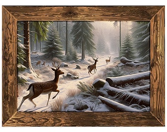 Deer Galloping Through Snow Oil Painting, Deer And Trees, Country Landscape Wall Art Digital Download