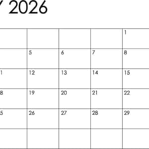 May include: A simple calendar for May 2026, with the month and year at the top. The calendar grid is black, with numbers from 1 to 31. The text "MAY 2026" is in a bold, sans-serif font.