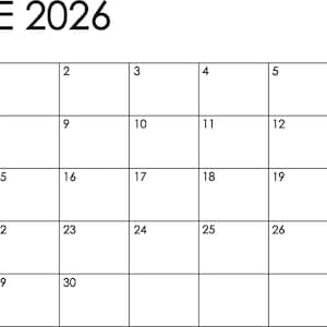 Könnte beinhalten: Ein einfacher Kalender für Juni 2026, mit einem Raster aus Quadraten für jeden Tag des Monats. Monat und Jahr sind oben in fetter, schwarzer Schrift dargestellt. Die Tage des Monats sind von 1 bis 30 nummeriert.