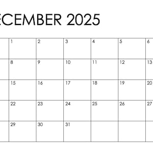 Può includere: Un calendario semplice e minimalista per dicembre 2025. Il calendario è bianco con testo nero, che mostra il mese e l'anno in alto. I giorni del mese sono disposti in formato griglia, con il numero di ogni giorno chiaramente visibile.
