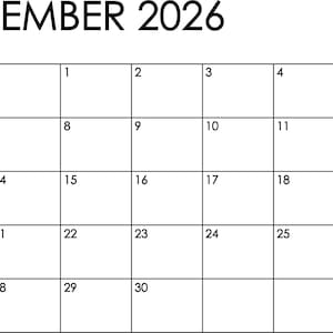 May include: A simple calendar for September 2026, with a grid of numbered squares. The month and year are displayed at the top in black text. The calendar grid is composed of black lines on a white background.