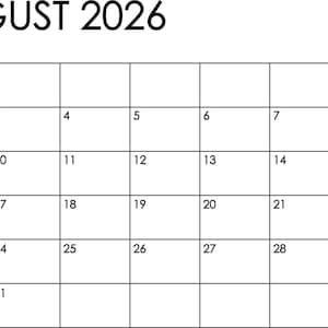 Può includere: Un semplice calendario per agosto 2026, con il mese e l'anno visualizzati in alto in un carattere grassetto senza grazie. La griglia del calendario è un layout standard 7x5 con date numerate da 1 a 31.