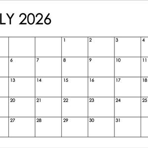May include: A simple calendar for July 2026, with a white background and black text. The month and year are displayed at the top, with the days of the month arranged in a grid.