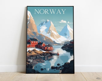 Poster di viaggio retrò norvegese, poster vintage, stampa di viaggio, arte murale vintage, stampa poster retrò, poster norvegese, stampa artistica murale Norvegia