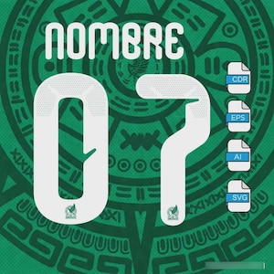 May include: White number 07 design with the word "NOMBRE" in a bold font, set against a green background with Aztec-inspired patterns. Includes file type icons for CDR, EPS, AI, and SVG formats.