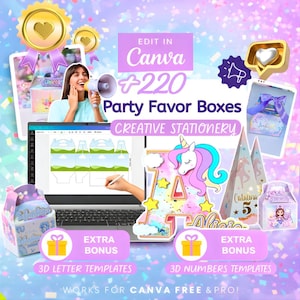 Puede incluir: Imagen promocional para cajas de recuerdos de fiesta, con un portátil que muestra plantillas de cajas. La imagen incluye una letra A con temática de unicornio, varios diseños de cajas de recuerdos y el texto "Edit in Canva +220 Party Favor Boxes".