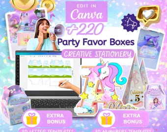 Party favor boxes + 220 templates + bonus letters, 3D numbers, invitations and more on Canva