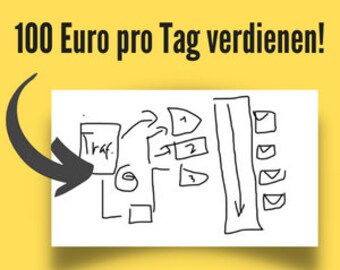 Puede incluir: Un fondo amarillo con el texto "100 Euro pro Tag verdienen!" en negro. Un rectángulo blanco contiene un diagrama dibujado a mano con flechas y la palabra "Traf.". El diagrama incluye formas numeradas e iconos de sobres.