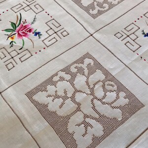 Unused Floral cross stitch embroidered tablecloth with 6 napkins, vintage cross stitch lovely tablecloth Linen needle point size 123x127 cm image 7