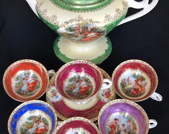 Juego de tazas de porcelana antigua doncella BEEHIVE MARK austria juego demitasse mocka