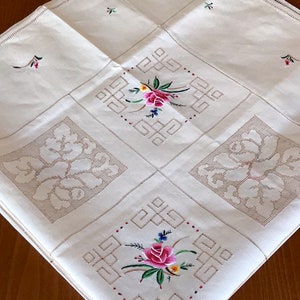 Unused Floral cross stitch embroidered tablecloth with 6 napkins, vintage cross stitch lovely tablecloth Linen needle point size 123x127 cm image 10