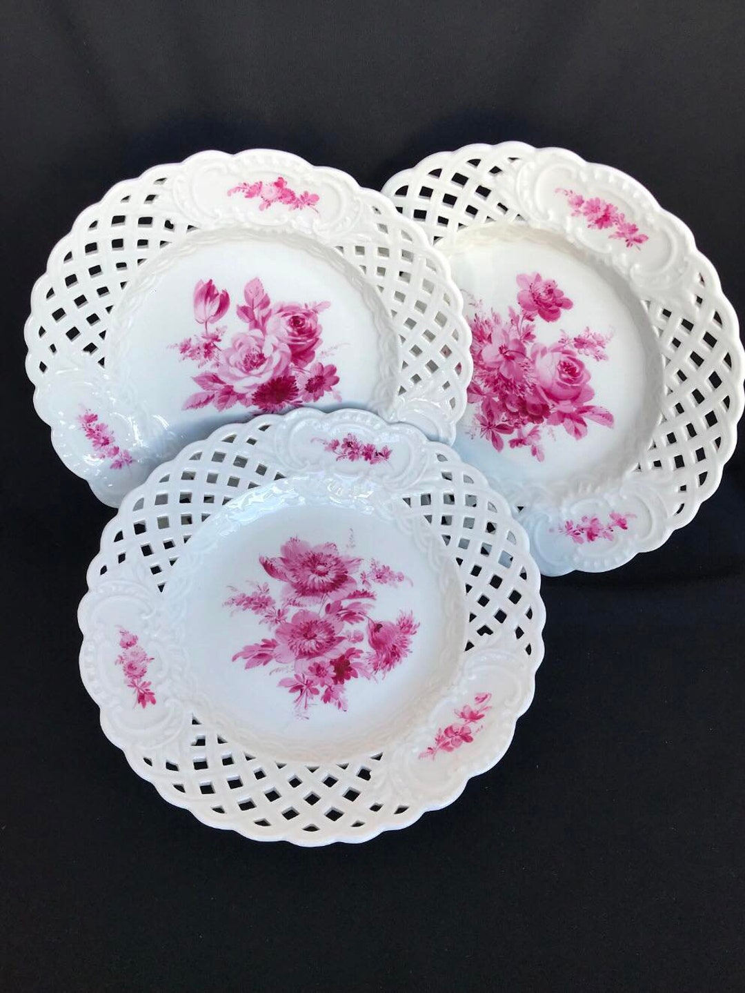 3 Pieces Antique Meissen Pink Flowers Pattern, Reticulated, Lattice ...