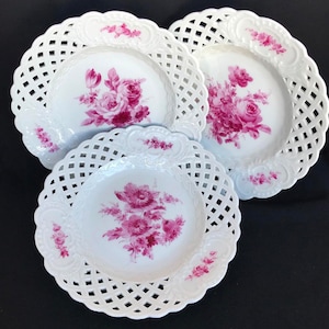 3 pieces Antique Meissen pink flowers Pattern, Reticulated, Lattice Breakthrough Plates