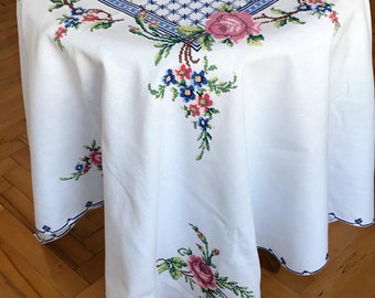 ANTIQUE: France, embroidered handmade, Floral cross stitch embroidered tablecloth , vintage cross stitch lovely tablecloth size 126x128 cm