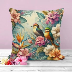 Tropical Birds Pillow William Morris Inspired Cottagecore Throw Cushion Hummingbird Pillow Florals and Birds Home Decor Gift INSERT INCLUDED