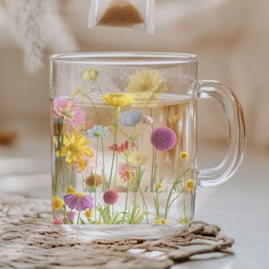 Wildflowers Glass Mug Floral Drinkware Colorful Flowers Clear Mug Perfect for Tea & Coffee Lovers Botanical Kitchen Decor Mother&#39;s Day Gift