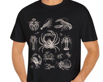 Camiseta unisex con diseño de cangrejos y langostas, estilo tatuaje de crustáceos, colores cómodos, estética de pescador, náutica, regalo para amantes del océano.