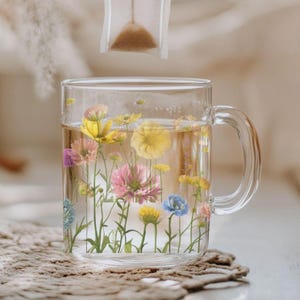 Wildflowers Glass Mug Floral Drinkware Colorful Flowers Clear Mug Perfect for Tea & Coffee Lovers Botanical Kitchen Decor Mother&#39;s Day Gift