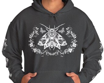 Death's Head Moth Hoodie Floral Moths Hooded Sweatshirt Printed Sleeves Hawkmoth Sweater Cottagecore Fairycore Pullover Dark Academia Gift