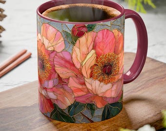 Peony Color Accent Coffee Mug - Stained Glass Effect Floral Ceramic Mug 11oz & 15oz, Pink Peonies Kitchen Decor