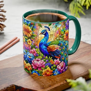 Vibrant Peacock Mug Stained Glass Effect Colorful Floral Accent Coffee Cup for Nature Lovers Bird Lover Gift for Her Him Bohemian Decor Mug