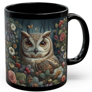 Forest Owl Mug William Morris Inspired Black Coffee Mug Cottagecore Wise Owl Teacup Vintage Style Mug Owl Lover Gift Ceramic Mug 11oz  15oz