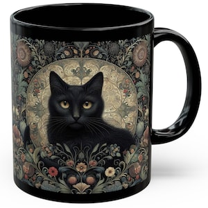 黒猫マグカップ ウィリアムモリス風 ブラックコーヒーマグ 神秘的な猫のティーカップ 猫好きの彼女や彼へのギフト ハロウィン猫セラミックマグ 11オンス 15オンス