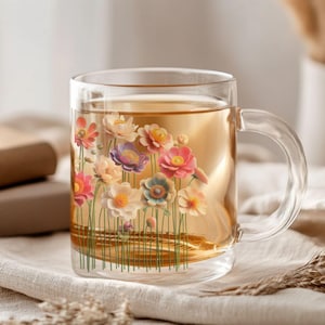 Floral Glass Mug Wildflowers Drinkware Colorful Flowers Clear Mug for Tea Coffee Lovers Pretty Florals Mother&#39;s Day Gift Cute Kitchen Decor