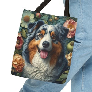 Australian Shepherd Tote Bag William Morris Inspired Dog Art Bag Floral Vintage Style Dog Bag Unique Dog Mom Gift Dog Lover Gift for Her