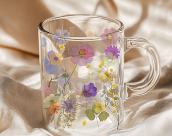 Pressed Flowers Print Glass Mug Floral Drinkware Wildflowers Clear Glass Mug for Tea & Coffee Lovers  Botanical Cup Cute Kitchen Decor Gift