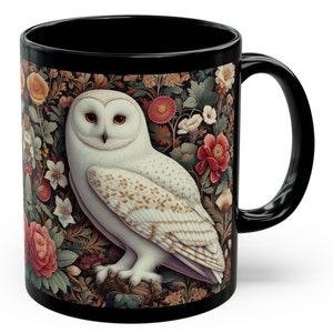 White Owl Mug William Morris Inspired Owl Among Flowers Black Coffee Mug Cottagecore Teacup Vintage Owl Lover Gift Bird Ceramic Mug
