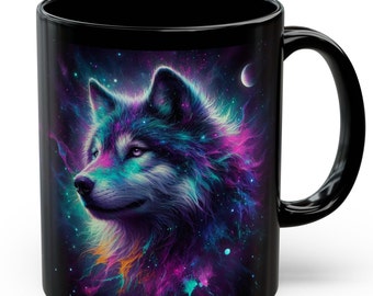 Neon Wolf Mug Fantasy Animal Black Coffee Mug Colorful Modern Art Wolf Ceramic Mug Cosmic Wolf Teacup Wolf Lover Gift for Him Her