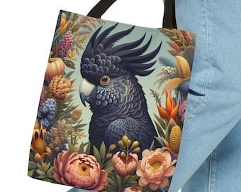 Black Cockatoo Tote Bag William Morris Inspired Parrot and Flowers Gift Unique and Whimsical Bird Vintage Style Bag Gift for Her