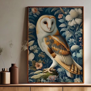 Barn Owl Satin Poster 210gsm William Morris Inspired Art Print Vintage Floral Poster Print White Owl Wall Art Print Bird Home Decor Gift