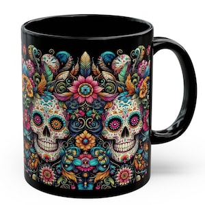 Sugar Skulls Mug Mexican Inspired Black Coffee Mug Dia De Los Muertos Teacup Halloween Gift Mug For Her Him Floral Skull Black Ceramic Mug