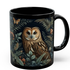 Owl and Butterfly Coffee Mug William Morris Inspired Bird Art Black Mug Floral Cottagecore Vintage Style Owl Lover Gift Ceramic Mug 11 15oz