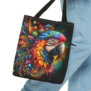 Rainbow Macaw Tote Bag Pop Art Parrot Shopping Bag Tropical Bird Modern Art Fantasy Bird Bag Unique Colorful Macaw Gift for Her Him