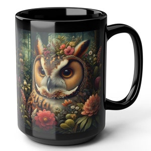 Floral Owl Mug William Morris Inspired Black Coffee Mug Cottagecore TeaCup Enchanted Owl Vintage Style Mug Owl Lover Gift Mug 11oz or 15oz