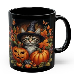 Cute Halloween Mug Kitten and Pumpkin Black Coffee Mug Halloween Cat Mug Gift For Her Him Fall Cottagecore Teacup Witchy Cat Ceramic Mug image 1
