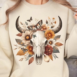 Floral Bull Skull Sweatshirt Boho Cow Skull Sweater Flowers and Moth Skull Shirt Western Fall Cottagecore Pullover Cowgirl Jumper Gift