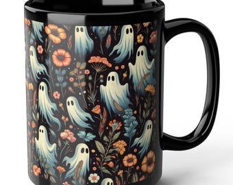 Cute Garden Ghosts Coffee Mug Halloween Ghosts & Flowers Black Coffee Mug Spooky Halloween Gift for Coffee or Tea Lovers Floral Ghost Mug