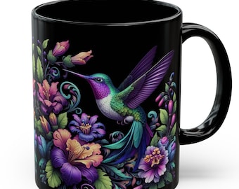 Colorful Hummingbird Black Mug William Morris Inspired Colibri Teacup Cottagecore Coffee Mug Bird Lover Gift Floral Ceramic Mug 11oz or 15oz