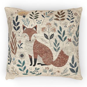 Scandinavian Fox Woven Pillow Nordic Style Home Decor Cotton Blend Cushion Minimalist Folk Art Fox and Flowers Tapestry Throw Pillow Gift