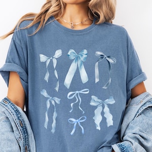 Blue Bows Shirt Coquette Bow T-Shirt Blue Ribbon Bow Top Comfort Colors Tee Cute Watercolor Bows Shirt Girly Aesthetic Bow Collage Gift Tee