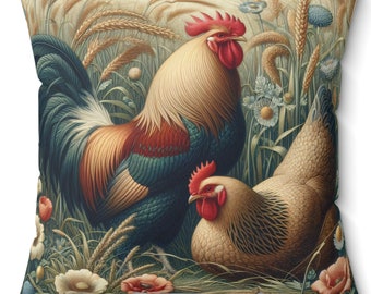 Rooster and Hen Pillow William Morris Inspired Chickens Decorative Cushion Throw Pillow Rustic Home Decor Gift INSERT INCLUDED