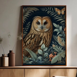 Forest Owl Satin Poster 210gsm William Morris Inspired Bird Art Poster Floral Vintage Owl Wall Art Print Unique Home Decor Bird Lover Gift